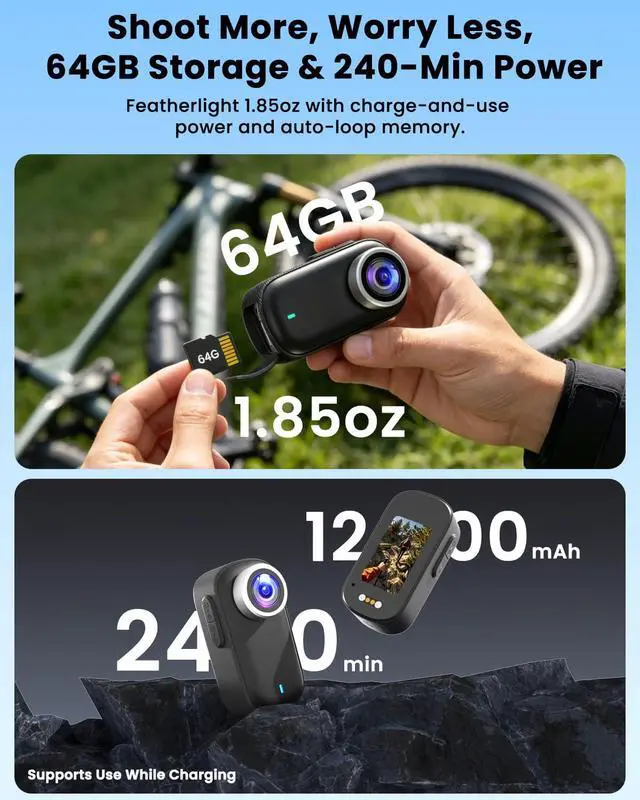 Alt view image 3 of 4 - POV Camera, Action Camera 4K, 64GB Clip Body Cam, Waterproof Long Battery Life Mini Body Camera with 1200 mAh Battery, Wearable Thumb Bodycam for Surfing, Diving, Skiing, Cycling and Vlogging