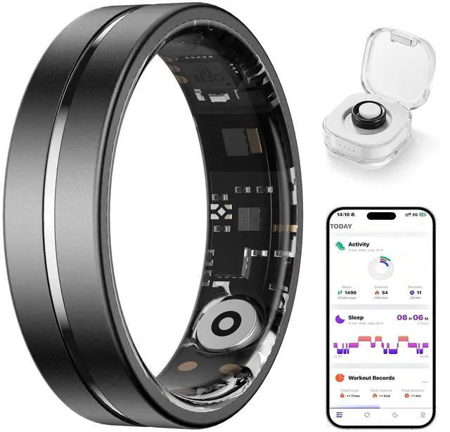 Main image of Smart Ring for Women Men, AI Health Fitness Tracker with Sleep, Heart Rate, Blood Oxygen, HRV, Stress, Gesture Photo, IP68 Waterproof, No Subscription, iOS Android (Matte Black,8)