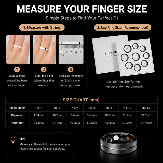 Alt view image 2 of 4 - Smart Ring for Women Men, AI Health Fitness Tracker with Sleep, Heart Rate, Blood Oxygen, HRV, Stress, Gesture Photo, IP68 Waterproof, No Subscription, iOS Android (Matte Black,8)