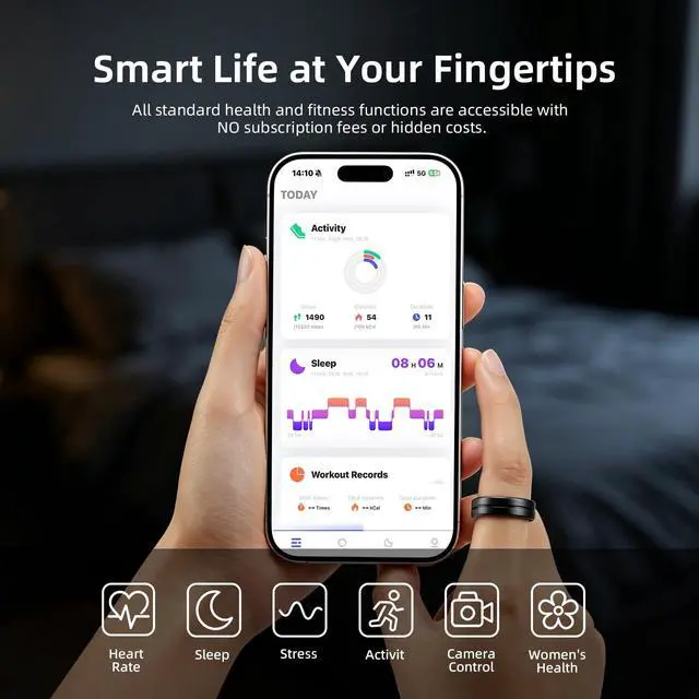 Alt view image 3 of 4 - Smart Ring for Women Men, AI Health Fitness Tracker with Sleep, Heart Rate, Blood Oxygen, HRV, Stress, Gesture Photo, IP68 Waterproof, No Subscription, iOS Android (Matte Black,8)