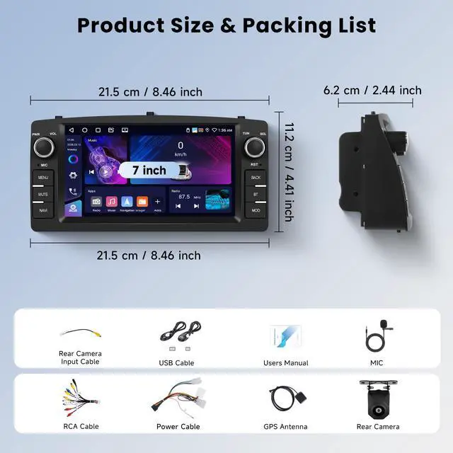 Alt view image 2 of 4 - 4GB+64GB Car Stereo for Toyota Corolla 2000-2007, 7-Inch Android 13 Touchscreen Head Unit with Wireless CarPlay Android Auto, GPS Navigation WiFi Bluetooth FM EQ Car Radio with Backup Camera