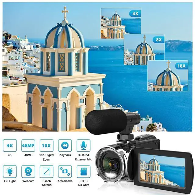 Alt view image 2 of 4 - Video Camera, FHD 4K 48MP Recorder for YouTube, 32G SD Card Vlogging Camera for TikTok, 3" 270° Rotation Screen 18X Zoom Vlogging Camcorders, Gift for Kids,Teens,Students,Beginners,Elders