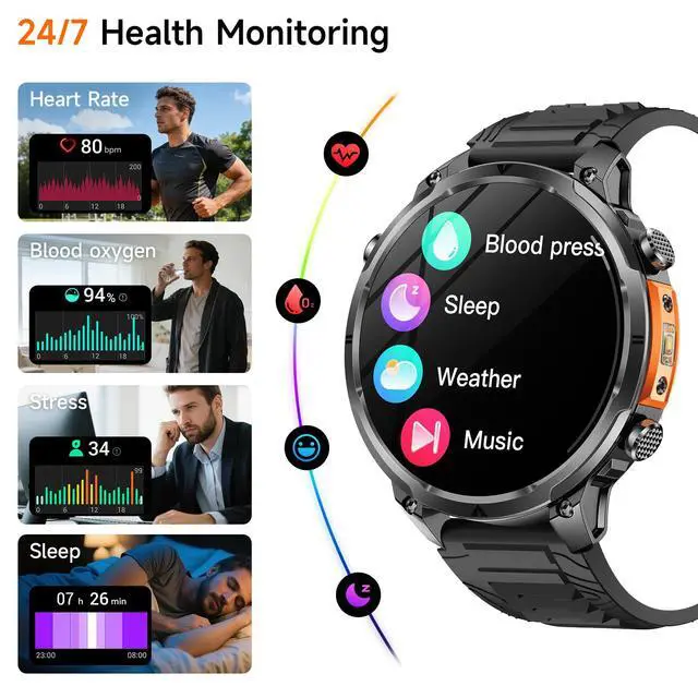 Alt view image 3 of 4 - 2026 New Military Smart Watches Built-in GPS and Compass with Heart Rate/SpO2/Sleep Monitor, 1.7" HD Display Outdoor Smartwatch with 720MAH/Flashlight/Bluetooth/100+Sports Modes, Android iOS