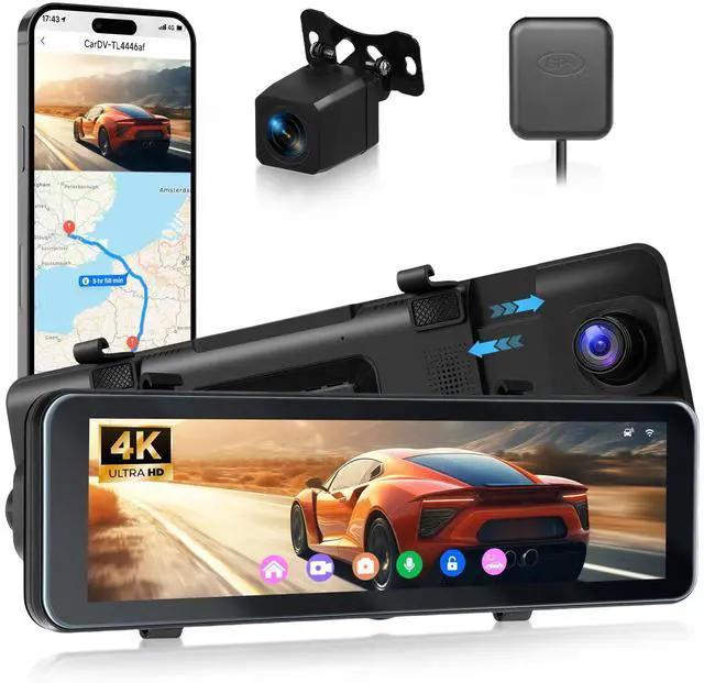 Main image of 4K Mirror Dash Cam Front and Rear, 10.88 Touch Screen Rear View Mirror Camera with GPS, 4K UHD Front + 1080P Rear, ADAS, Night Vision, G-Sensor, Loop Recording, WiFi App