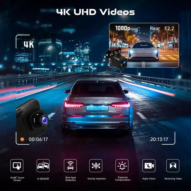 Alt view image 2 of 4 - 4K Mirror Dash Cam Front and Rear, 10.88 Touch Screen Rear View Mirror Camera with GPS, 4K UHD Front + 1080P Rear, ADAS, Night Vision, G-Sensor, Loop Recording, WiFi App