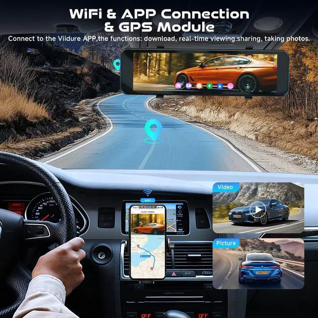 Alt view image 3 of 4 - 4K Mirror Dash Cam Front and Rear, 10.88 Touch Screen Rear View Mirror Camera with GPS, 4K UHD Front + 1080P Rear, ADAS, Night Vision, G-Sensor, Loop Recording, WiFi App