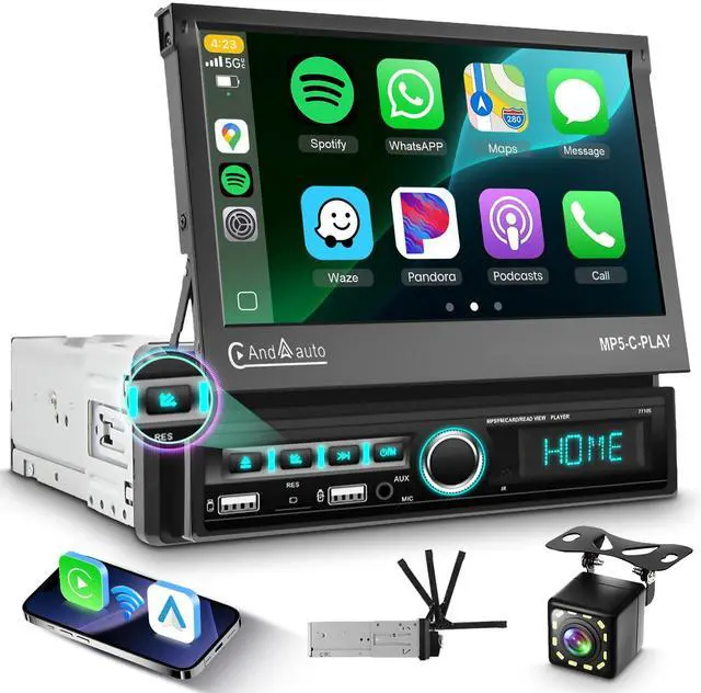 Main image of Single Din Car Stereo with Wireless Carplay Android Auto, 7" Motorized Flip Out Touch Screen Bluetooth Car Radio with Mirror Link FM Dual USB/AUX/SD Card Ports External Mic+Bakckup Camera
