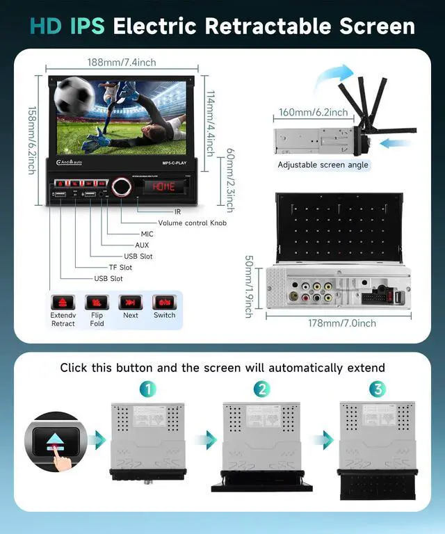 Alt view image 2 of 4 - Single Din Car Stereo with Wireless Carplay Android Auto, 7" Motorized Flip Out Touch Screen Bluetooth Car Radio with Mirror Link FM Dual USB/AUX/SD Card Ports External Mic+Bakckup Camera