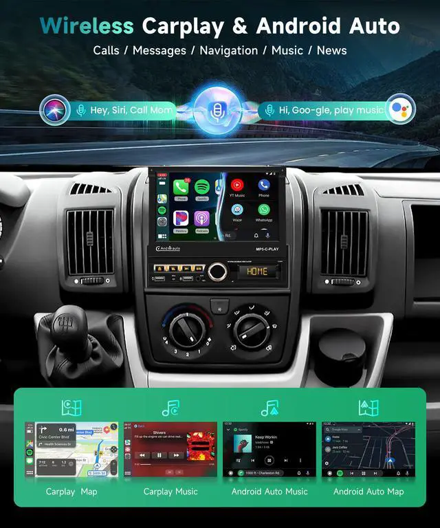 Alt view image 3 of 4 - Single Din Car Stereo with Wireless Carplay Android Auto, 7" Motorized Flip Out Touch Screen Bluetooth Car Radio with Mirror Link FM Dual USB/AUX/SD Card Ports External Mic+Bakckup Camera