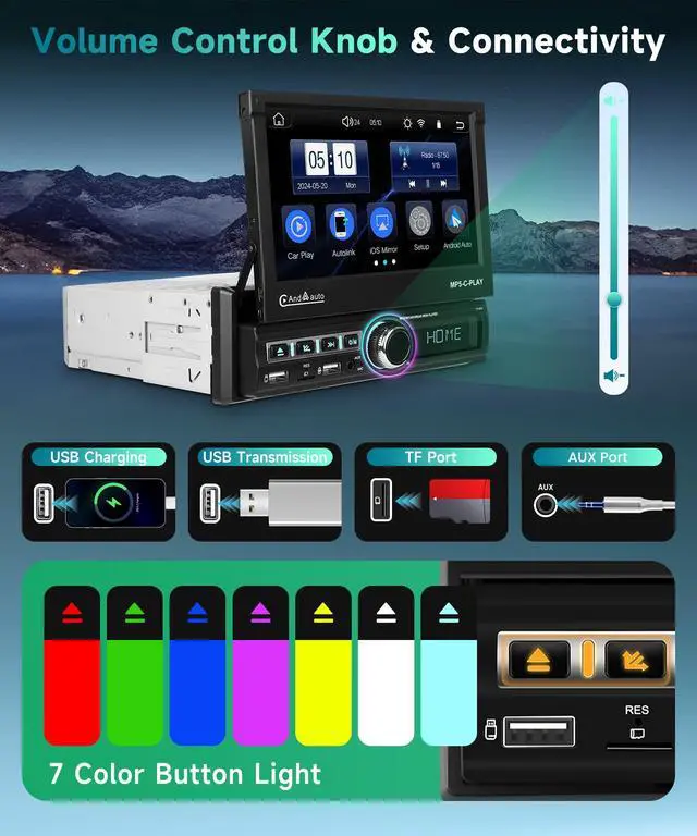 Alt view image 4 of 4 - Single Din Car Stereo with Wireless Carplay Android Auto, 7" Motorized Flip Out Touch Screen Bluetooth Car Radio with Mirror Link FM Dual USB/AUX/SD Card Ports External Mic+Bakckup Camera