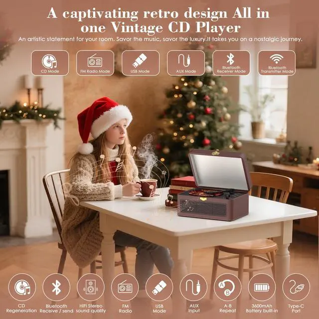 Alt view image 2 of 4 - Retro CD Player Portable Bluetooth: CD Players for Home with Speakers 3600mAh Rechargeable & Radio & Remote Control PU Leather Vintage CD-Player Support USB/AUX Headphone Jack (Brown)