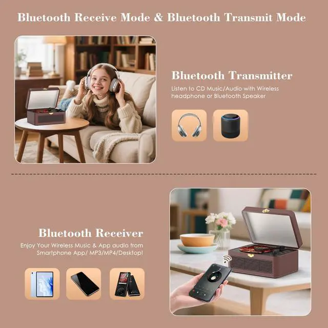Alt view image 3 of 4 - Retro CD Player Portable Bluetooth: CD Players for Home with Speakers 3600mAh Rechargeable & Radio & Remote Control PU Leather Vintage CD-Player Support USB/AUX Headphone Jack (Brown)