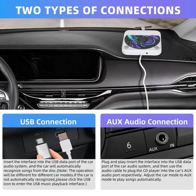 Alt view image 3 of 4 - Portable CD Player for Car, External Car CD Player with USB/AUX Ports, Anti-Skip, Universal Music Player for Vehicle, Laptop, TV, Computer, Plug & Play, Adapter(A to C) (Car CD Player)
