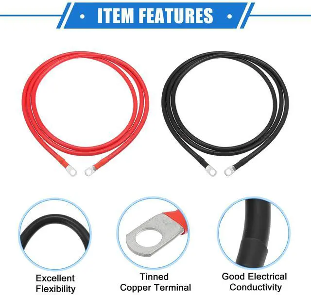 Alt view image 4 of 4 - 1 Pair Copper Battery Inverter Cables, 4 AWG Gauge 8ft Battery Cable Universal for Car Vehicle RV Durable Pure Copper Black Red with 3/8" Ring