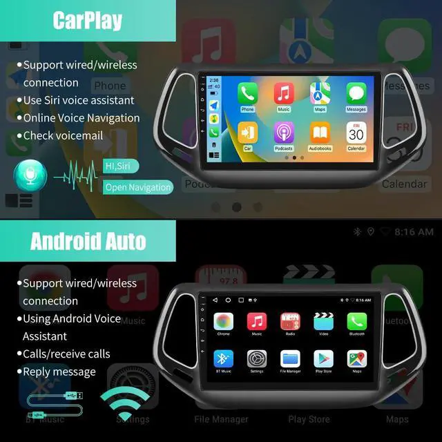 Alt view image 3 of 6 - Android 13 Car Stereo Radio for Jeep Compass 2017-2020 10.1 Inch Touchscreen Wireless CarPlay Android Auto Bluetooth GPS FM