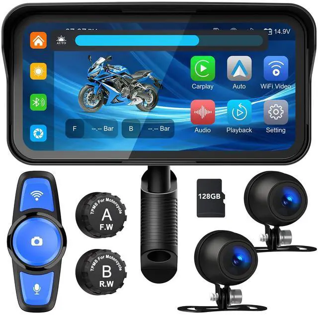 Main image of 6.25" Motorcycle Carplay with Dash Cam,TMPS, Wireless Android Auto, Remote Control, IP67 Waterproof Carplay for Motorcycle, Support Siri,Google Asistant, Free 128G SD Card