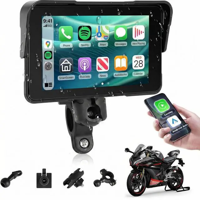 Main image of 5 Inch Motorcycle CarPlay Screen, Waterproof IP68 Wireless CarPlay & Android Auto Touchscreen GPS Display, with Mirror Link, Bluetooth, Manual Brightness, Type-C & SD Slot