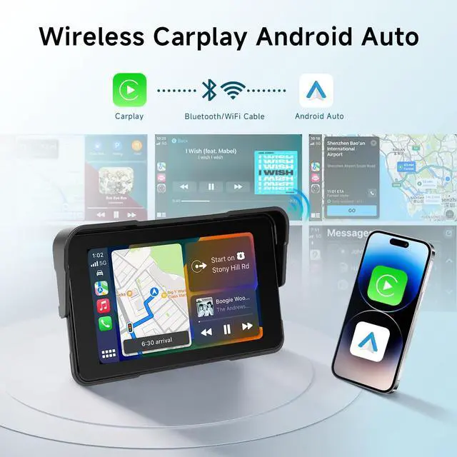 Alt view image 2 of 4 - 5 Inch Motorcycle CarPlay Screen, Waterproof IP68 Wireless CarPlay & Android Auto Touchscreen GPS Display, with Mirror Link, Bluetooth, Manual Brightness, Type-C & SD Slot
