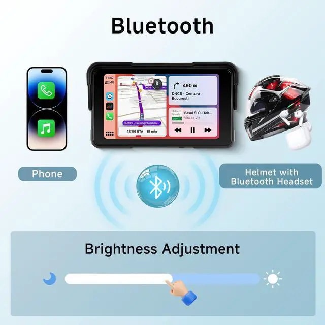 Alt view image 3 of 4 - 5 Inch Motorcycle CarPlay Screen, Waterproof IP68 Wireless CarPlay & Android Auto Touchscreen GPS Display, with Mirror Link, Bluetooth, Manual Brightness, Type-C & SD Slot