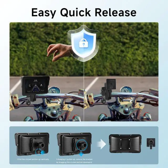 Alt view image 4 of 4 - 5 Inch Motorcycle CarPlay Screen, Waterproof IP68 Wireless CarPlay & Android Auto Touchscreen GPS Display, with Mirror Link, Bluetooth, Manual Brightness, Type-C & SD Slot