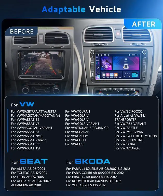 Alt view image 3 of 4 - 4G+64G Android 15 Double Din Car Stereo for VW Volkswagen SEAT Skoda Jetta Golf Polo Touran Support Wireless Carplay Android Auto, 8 Inch Touchscreen VW Car Radio with GPS, WiFi, Bluetooth, FM, 32 EQ