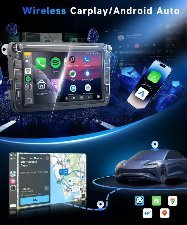 Alt view image 4 of 4 - 4G+64G Android 15 Double Din Car Stereo for VW Volkswagen SEAT Skoda Jetta Golf Polo Touran Support Wireless Carplay Android Auto, 8 Inch Touchscreen VW Car Radio with GPS, WiFi, Bluetooth, FM, 32 EQ