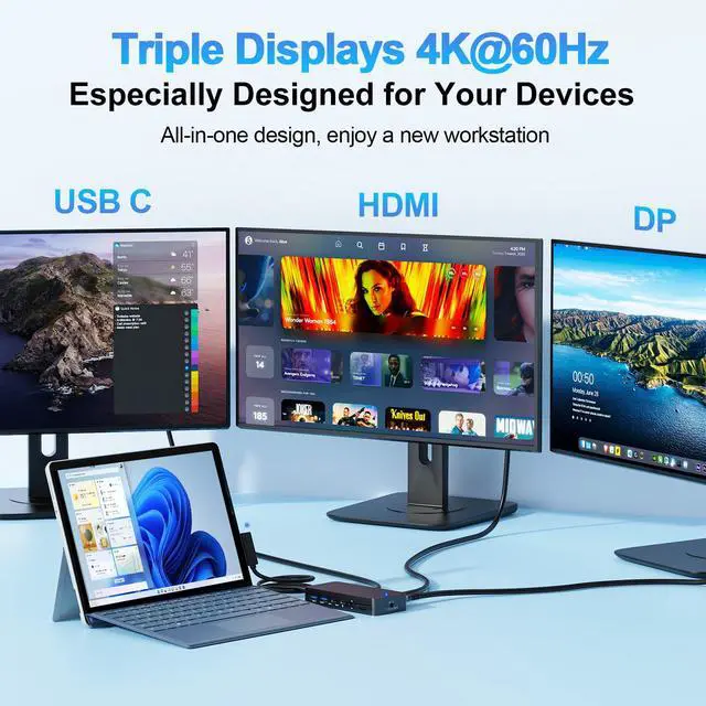 Alt view image 2 of 4 - New Surface Dock Triple Displays 4K@60Hz HDMI+USB C+DP with Power Adapter, Surface Pro Docking Station Compatible with Surface Pro 12/11/10/9/8/X/7/6/5/4/3,Surface Laptop 7/6/5/4/3/2/1,Go 4/3/2/1