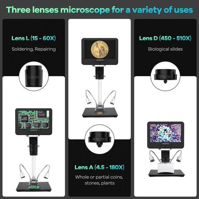 Alt view image 2 of 4 - AD246-M Digital Microscope for Adults, 3 Lens Soldering Microscope, 1080P FHD Video Record, 7 Inch LCD 500x, Coin Full View, Biological Kit with 32G Card, Prepared Slides