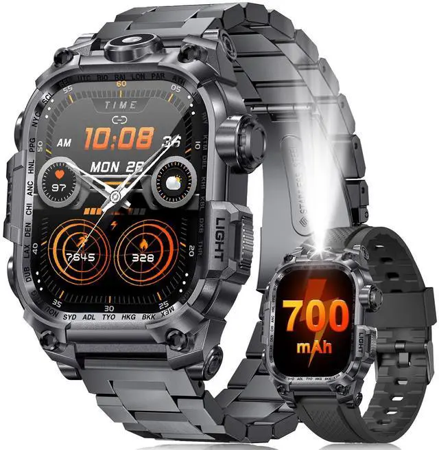 Main image of Military Smart Watches for Men(Answer/Make Calls),2.01" HD Screen Sports Smartwatch with LED Flashlight/700mAh Battery,IP68 Waterproof Fitness Tracker for Android iOS,100+Sport Modes,Grey