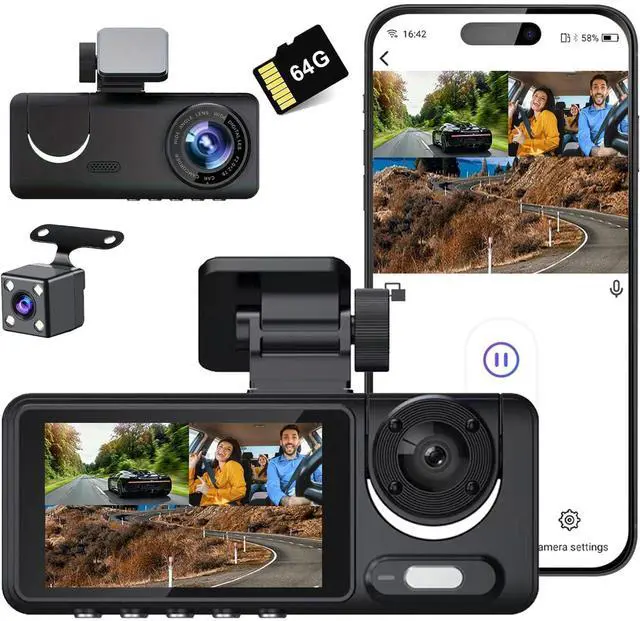 Main image of FHD 3 Channel Dash Camera Front and Rear Inside for Cars | Free 64GB SD Card, G-Sensor & WDR, Night Vision, 24H Parking Monitor