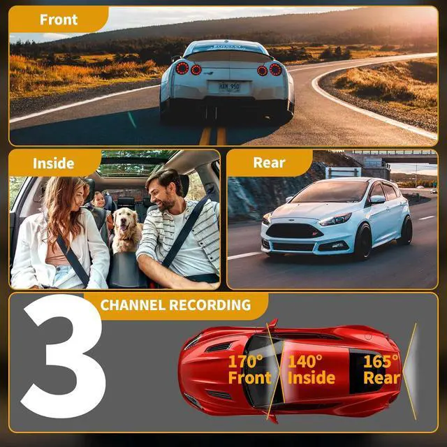 Alt view image 2 of 6 - FHD 3 Channel Dash Camera Front and Rear Inside for Cars | Free 64GB SD Card, G-Sensor & WDR, Night Vision, 24H Parking Monitor