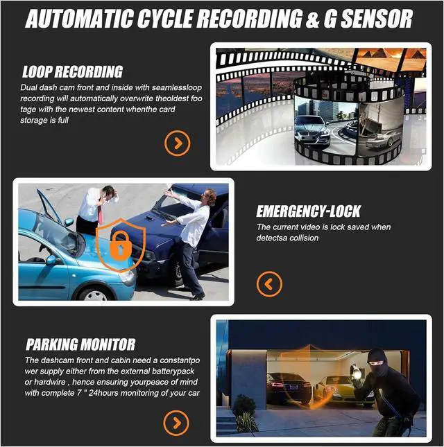 Alt view image 6 of 6 - FHD 3 Channel Dash Camera Front and Rear Inside for Cars | Free 64GB SD Card, G-Sensor & WDR, Night Vision, 24H Parking Monitor