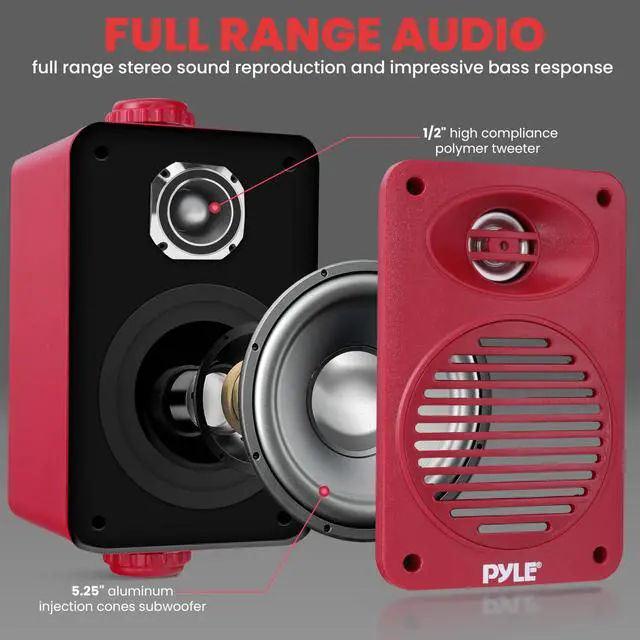 Alt view image 2 of 4 - 200 Watt Bluetooth Indoor Outdoor Speakers Pair - Dual Waterproof 3.5 2-Way Full Range Speaker System w/ 1/2 High Compliance Polymer Tweeter | Home, Boat, Marine, Deck, Patio, Poolside (Red)