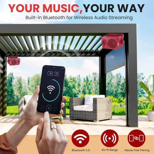 Alt view image 4 of 4 - 200 Watt Bluetooth Indoor Outdoor Speakers Pair - Dual Waterproof 3.5 2-Way Full Range Speaker System w/ 1/2 High Compliance Polymer Tweeter | Home, Boat, Marine, Deck, Patio, Poolside (Red)