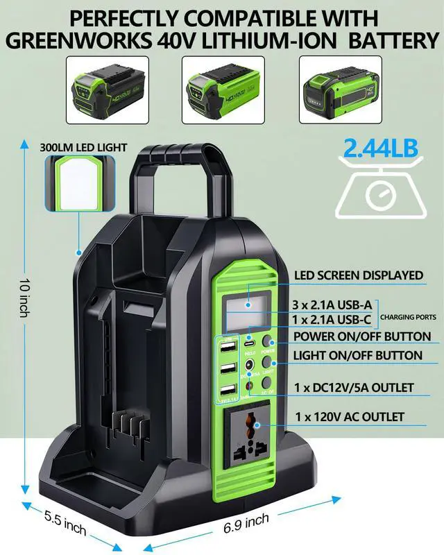 Alt view image 2 of 4 - 350W Power Inverter for Greenworks 40v Battery, 2-Ports DC 40V to AC 110-120V Pure Sine Wave Battery Inverter with 3 USB-A Port, 1 USB-C Port,300lm LED Light for Camping Travel Emergency(Tool Only)
