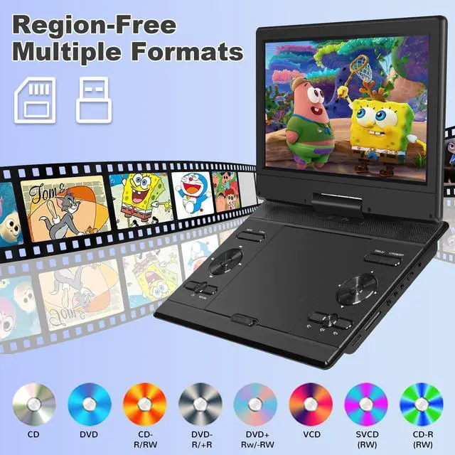 Alt view image 4 of 4 - 14.5" Portable DVD Player with 12.1 HD Swivel Screen, 3-5Hrs Play, DVD Player Portable with Dual Stereo Speaker, Last Memory, Support SYNC TV/USB/SD Card, Play All Discs Format