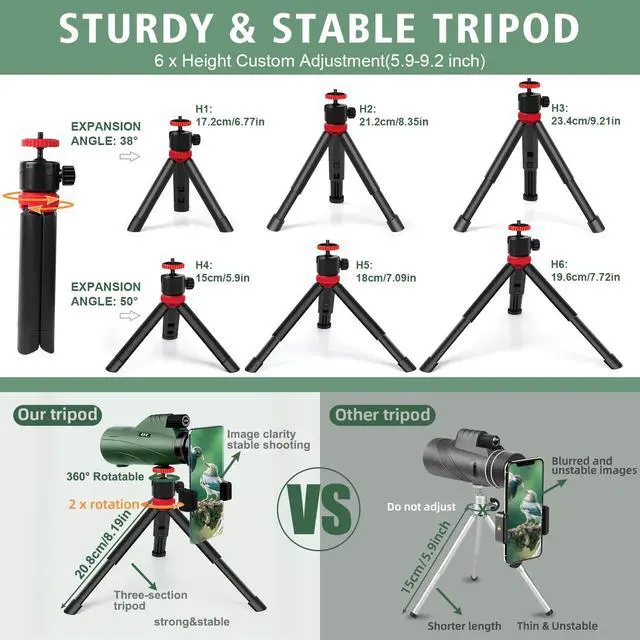 Alt view image 3 of 4 - 12x56 High Power Monocular Telescope with Tripod Bag, Handheld Monoculars for Adults with BAK4 Prism & FMC Lens, Suitable for Bird Watching Camping, New-Upgraded BAK4 - Forest Green