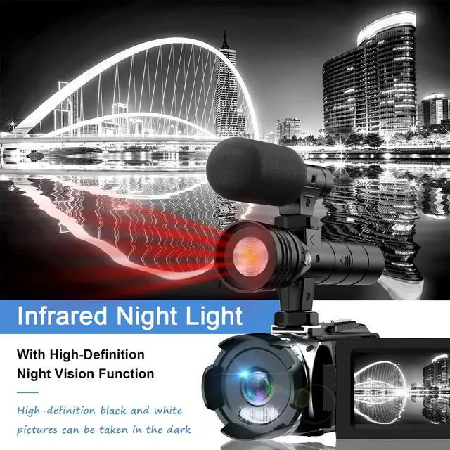 Alt view image 3 of 3 - 4K Video Camera with IR Light, Camcorder Digital with with External Microphone, 24X Digital Zoom, with Night Vision,YouTube Vlogging Camera Recorder