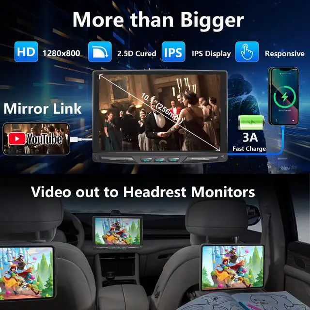 Alt view image 3 of 4 - 10.1" Detachable and Adjustable Single Din Car Stereo Wireless Apple Carplay &Android Auto with 1280 * 800 IPS Touch Screen, Bluetooth 5.2/Voice Control/Subwoofers/FM/AM/SWC/Free Backup Camera
