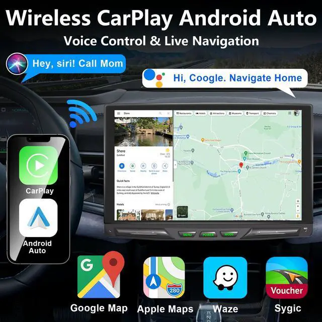 Alt view image 4 of 4 - 10.1" Detachable and Adjustable Single Din Car Stereo Wireless Apple Carplay &Android Auto with 1280 * 800 IPS Touch Screen, Bluetooth 5.2/Voice Control/Subwoofers/FM/AM/SWC/Free Backup Camera