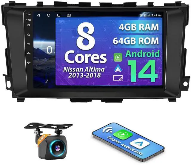 Main image of 8 Core 4+64G Car Radio for Nissan Altima 2013-2018 with Wireless CarPlay & Android Auto, 9" HD Touchscreen Android 14 Radio Stereo, SWC/AM/FM/RDS, with Backup Camera