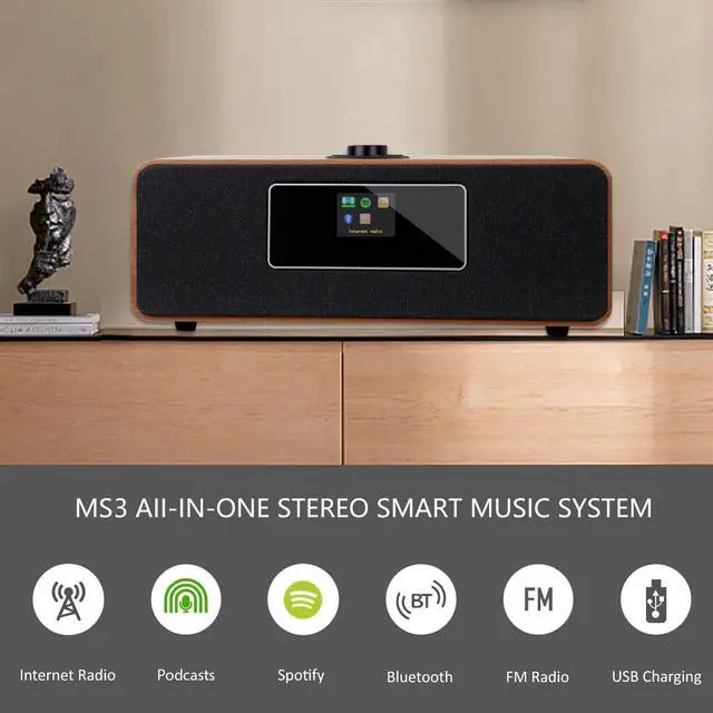 Alt view image 2 of 4 - MS3 Stereo Smart Music System with Internet Radio, FM Digital Radio,Clock Radio,Spotify Connect,Bluetooth Speaker,WiFi Speaker,Headphone-Out,Alarms,Presets,Remote and App ControlWalnut