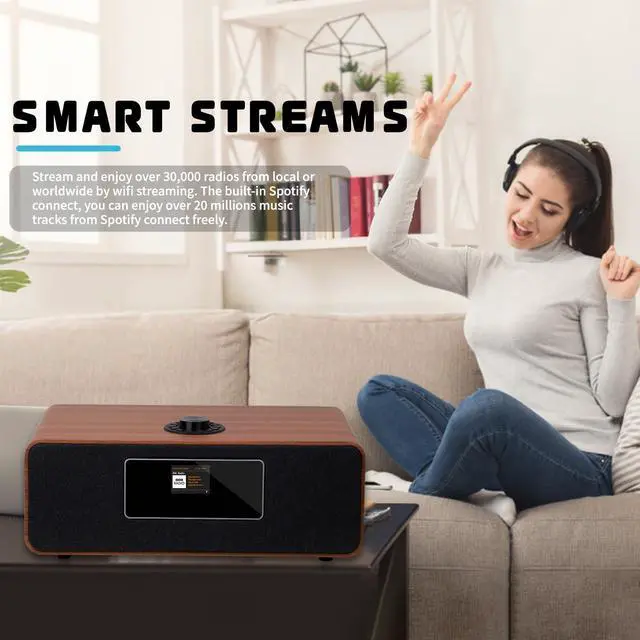 Alt view image 3 of 4 - MS3 Stereo Smart Music System with Internet Radio, FM Digital Radio,Clock Radio,Spotify Connect,Bluetooth Speaker,WiFi Speaker,Headphone-Out,Alarms,Presets,Remote and App ControlWalnut