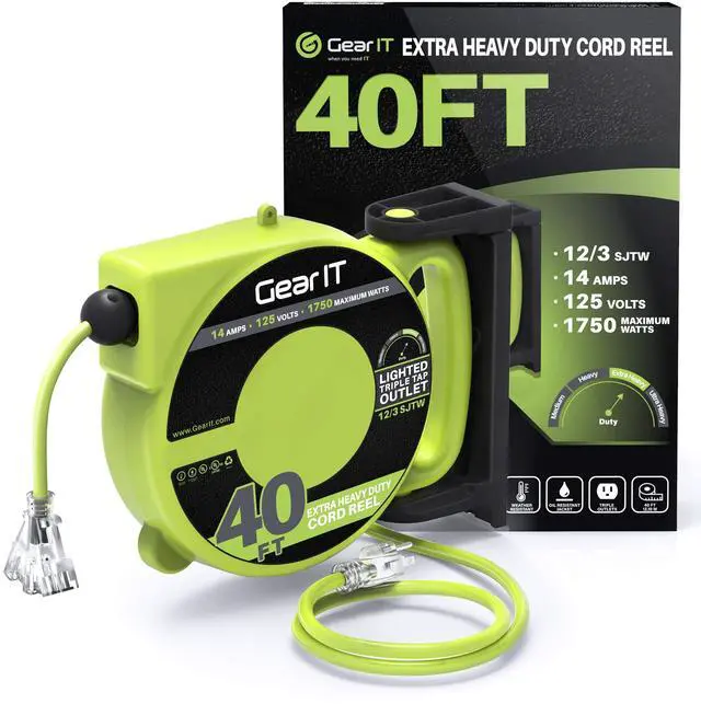 Main image of 40ft 12 Gauge Retractable Extension Cord Reel, 12/3 AWG SJTW Heavy Duty Power Cord, 3 Outlets, LED Indicator, 14A Breaker, 180° Swivel Wall/Ceiling Mount for Garage Tools
