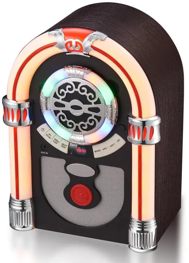 Main image of Retro Tabletop Jukebox with Bluetooth Speaker- Vintage Nostalgic Style FM Radio, AUX-in Port, EQ Modes, Color Changing LED Tubes, Wireless Music Streaming and Space - Saving Design(Brown)