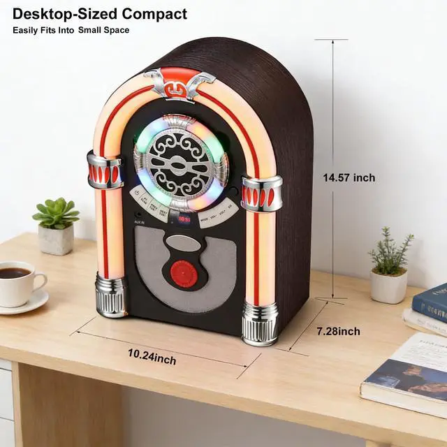Alt view image 2 of 4 - Retro Tabletop Jukebox with Bluetooth Speaker- Vintage Nostalgic Style FM Radio, AUX-in Port, EQ Modes, Color Changing LED Tubes, Wireless Music Streaming and Space - Saving Design(Brown)