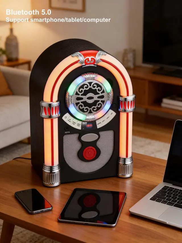 Alt view image 3 of 4 - Retro Tabletop Jukebox with Bluetooth Speaker- Vintage Nostalgic Style FM Radio, AUX-in Port, EQ Modes, Color Changing LED Tubes, Wireless Music Streaming and Space - Saving Design(Brown)