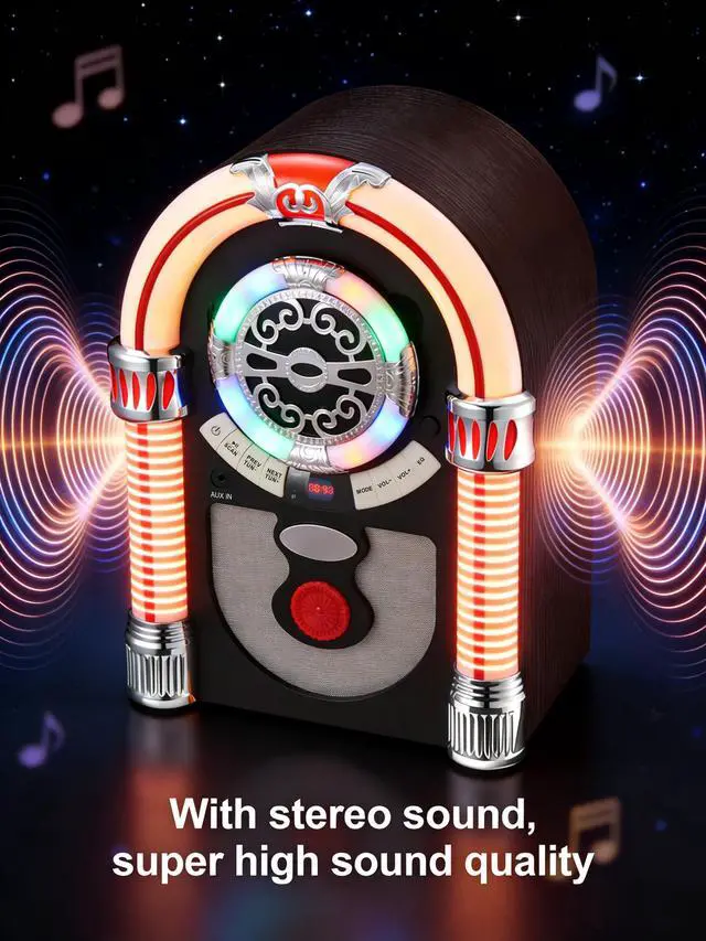 Alt view image 4 of 4 - Retro Tabletop Jukebox with Bluetooth Speaker- Vintage Nostalgic Style FM Radio, AUX-in Port, EQ Modes, Color Changing LED Tubes, Wireless Music Streaming and Space - Saving Design(Brown)