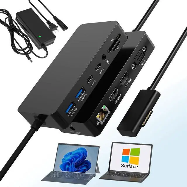 Main image of Dual HDMI+VGA Dock Works with Microsoft Surface Devices - 12-in-1 Triple Display Microsoft Surface Docking Station for Surface Pro (12/11/10/9/8/X/7/6/5/4), Surface Laptop, Surface Go, Surface Book