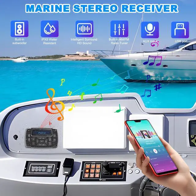 Alt view image 2 of 4 - Marine Radio Receiver Waterproof Boat Stereo Radio System with AUX-in Subwoofer Pre-Amp EQ, AM/FM Radio Receiver Digital Media MP3 Player USB Input for Motorcycle Boat Golf Cart Truck